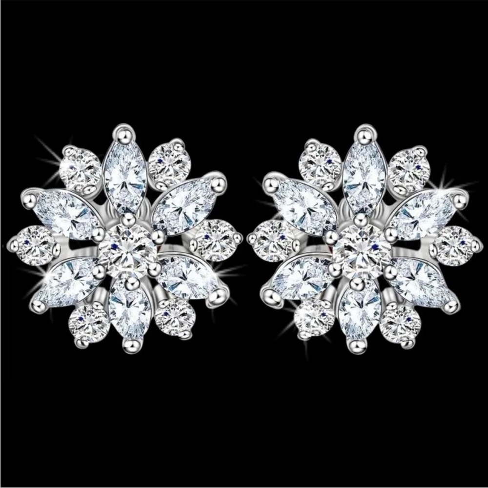 Marquise Round Cut Cz Diamond floral Silver Flower Cluster ladies Stud Earrings - Picture 2 of 4
